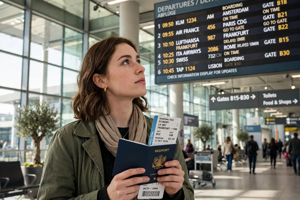 Traveller holding a passport at a European airport departures board