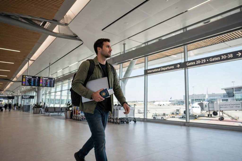 Traveller with a laptop and passport walking through a bright modern airport terminal