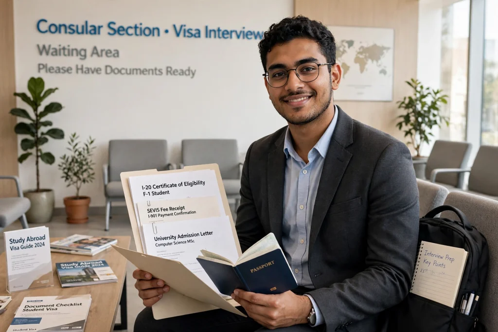 International student preparing documents for a student visa interview